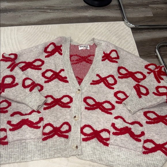 BUCKETLIST Sweaters - BUCKETLIST Red and Cream Bow Cardigan